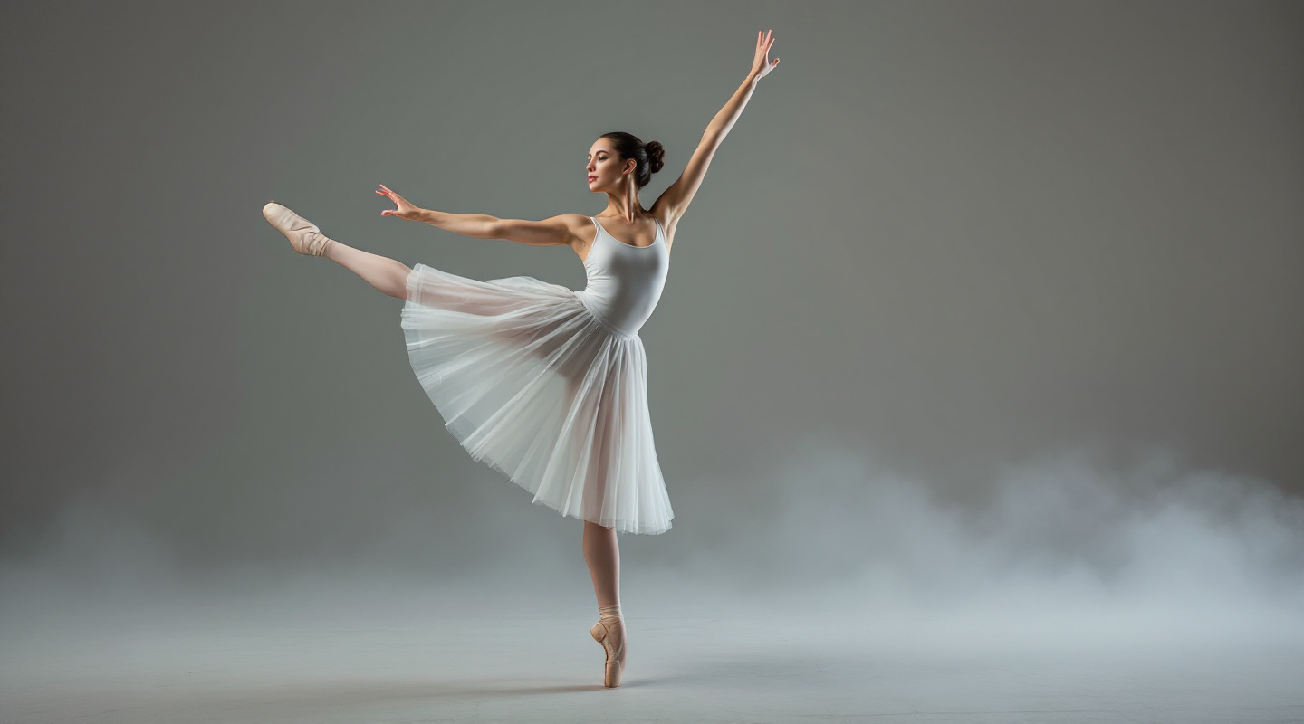 Ballet dancer in white tutu performing arabesque