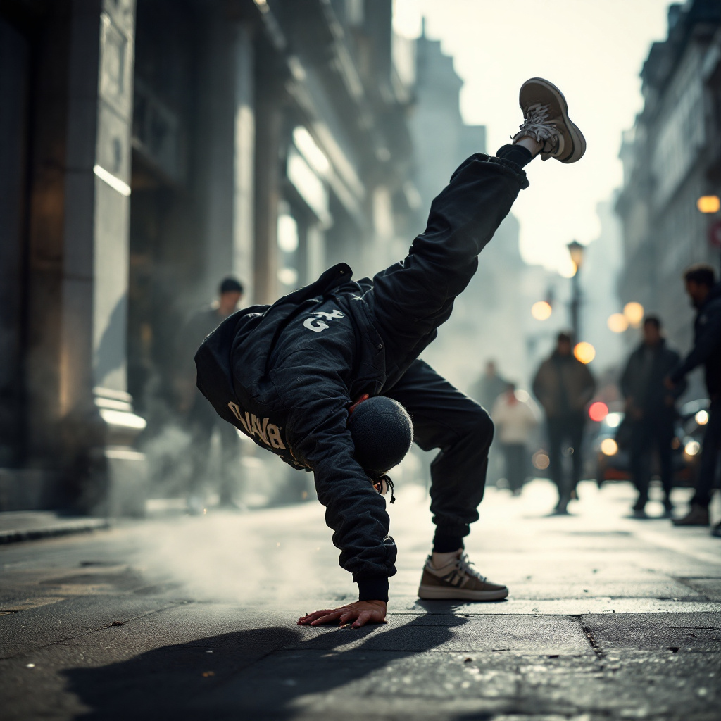 Breakdancer performing a freeze move on an urban street
