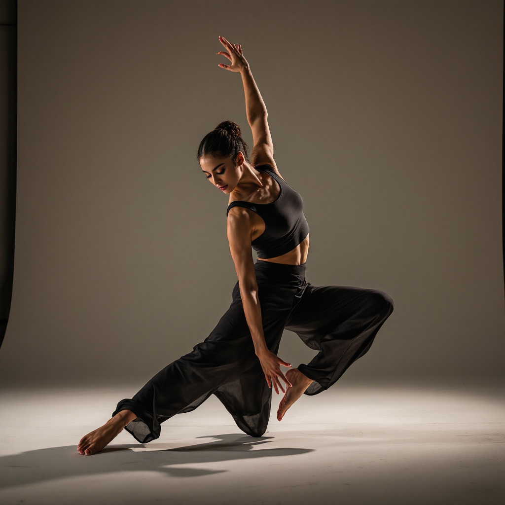 Contemporary dancer in expressive pose with flowing movement