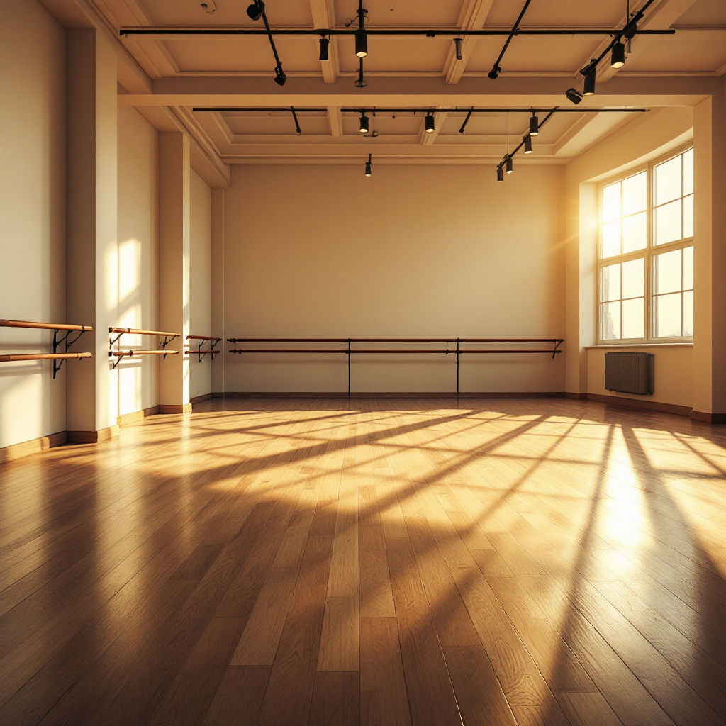 Sunlit dance studio with wooden floors