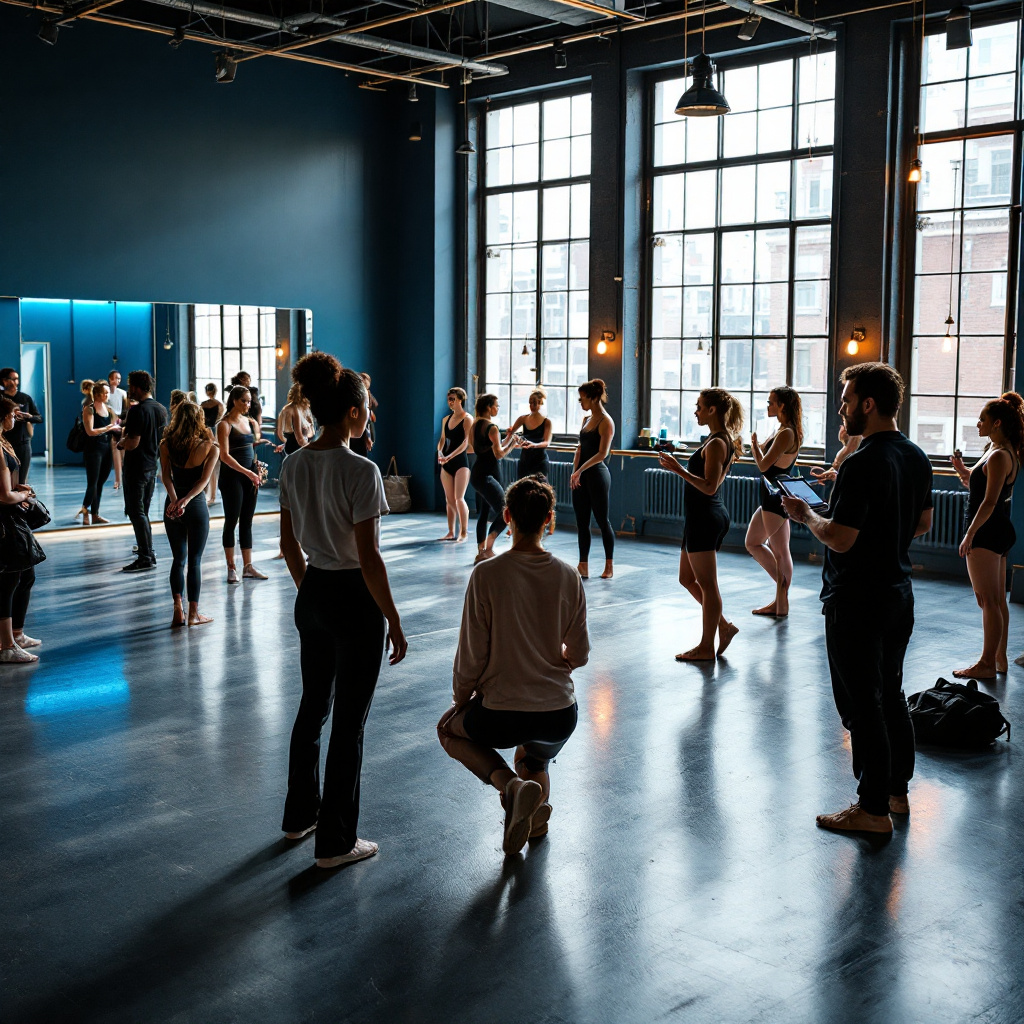Modern dance class in a spacious studio with large windows and diverse dancers