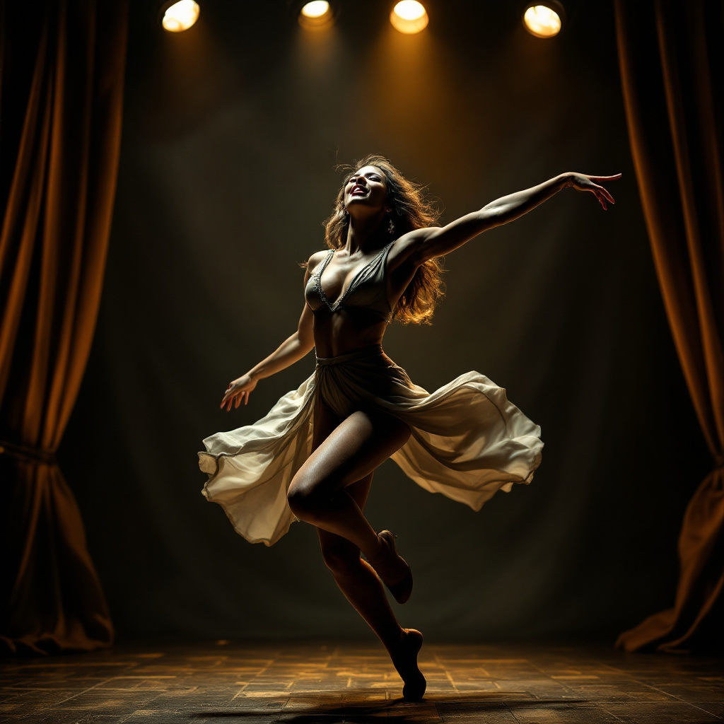 Jazz dancer performing with flowing dress on stage with dramatic lighting