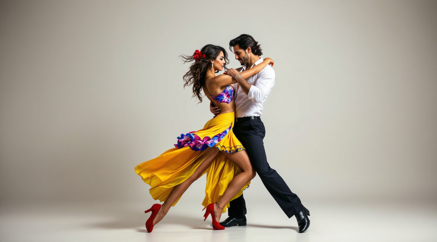 Latin dance couple performing with flowing yellow dress