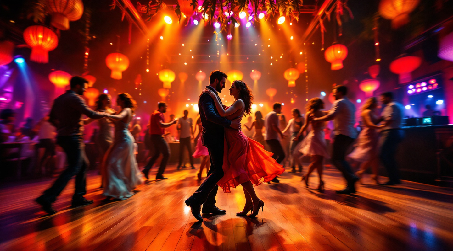 Latin Dance Party with colorful lights and dancers